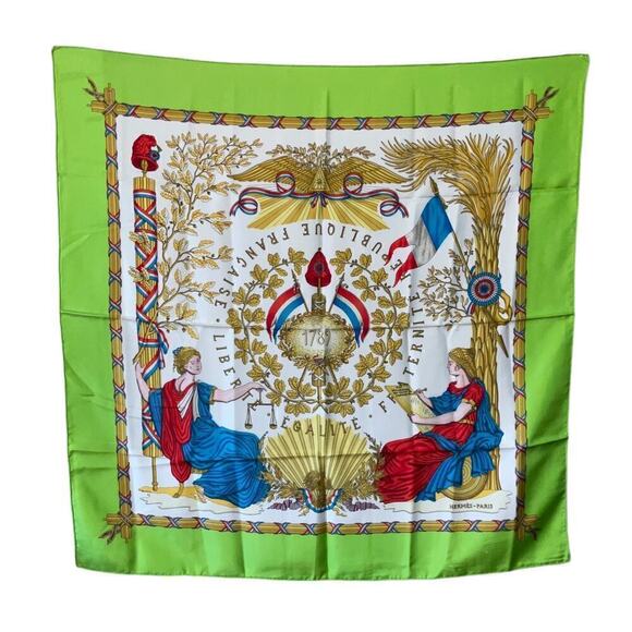 HERMES Scarf Republique Francaise Liberte Egalite Fraternite 1789 90cm Sq Green - Picture 1 of 16